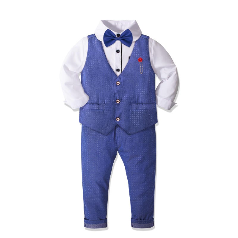 Nwada Boys Suit Set Formal Dress Shirt Bow Tie Slim Vest and Pants Toddler Boy Clothes Suits Blue - Image 3